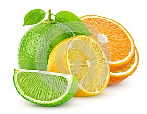 Isolated citrus fruits. Lemon, lime, and orange isolated on white background