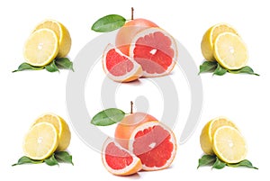 Isolated citrus slices, fresh fruit cut in half orange, pink grapefruit, lemon, in a row, on a white background