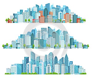 Isolated cityscape. City street, abstract urban and horizontal town landscape panorama cartoon vector illustration set