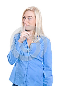 Isolated clever and shy young charming business woman in blue bl