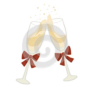 Isolated clip art illustration of two festive glass of champagne with red bow