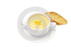 Isolated and clipping path of corn soup with garlic bread.