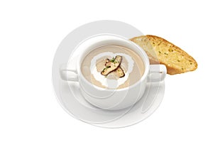 Isolated and clipping path of Garlic bread with mushroom soup in bowl.