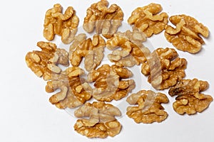 Isolated Close up, macrophotography, of Walnuts nuts on white background.