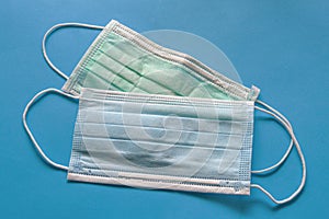 Isolated Close up Medical, Surgical Masks on a Blue Background.