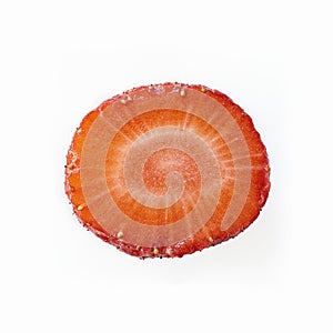 Isolated close up ripe red strawberry cut in half on a white background. Macro square image about fresh organic berries