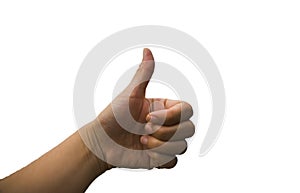 Isolated close-up teen hand show thumbs up on white background.