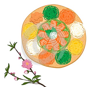 Isolated close up Yu Sheng vector illustration.New year plate with pink blossoms,