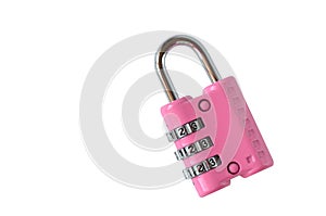 Isolated closed pink code lock for a suitcase on white background.