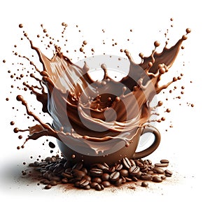 Isolated Coffee Splash with Beans and Milk on White Background, Vector Illustration of Hot Beverage and Breakfast Concept in Brown