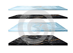 Isolated collection empty top of perspective luxury white black blue gold granite marble shelves on white background