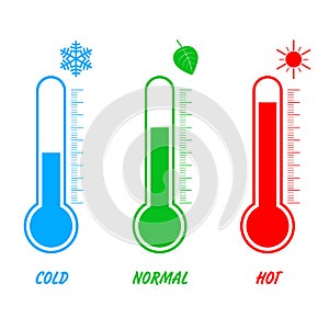 Isolated color set of thermometer icons on white background. Vector weather infographics