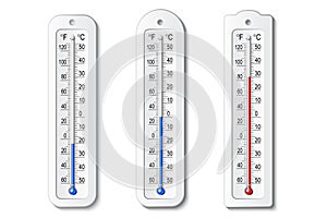 Isolated color set of thermometer icons on white background. Vector weather infographics