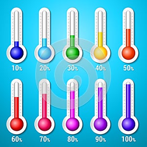 Isolated color set of thermometer icons on white background. Vector weather infographics
