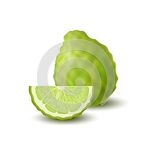 Isolated colored green whole and slice of juicy bergamot, kaffir lime with shadow on white background. Realistic wedge citrus frui