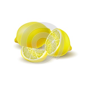 Isolated colored group of lemons, half, slice and whole juicy fruit with shadow on white background. Realistic citrus.