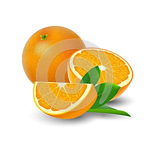 Isolated colored group of orange, slice, half and whole juicy fruit with green leaf and shadow on white background. Realistic citr