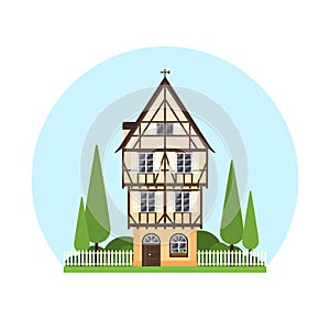 Isolated colored half timbered building on white background. Flat facade of european framing house, cottage. Colorful rural house