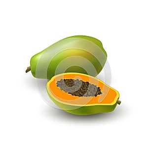 Isolated colored papaya, pawpaw, paw paw half with seeds and whole juicy fruit with shadow on white background. Realistic fruit.