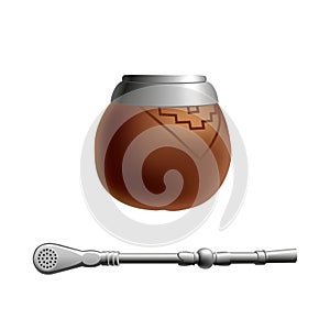 Isolated colored realistic brown calabash for yerba mate, paraguay tea and metal syphon stick bombilla on white background.