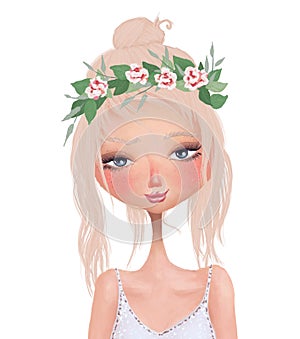 Isolated colorful careless summer raster illustration of a cute beautiful blonde wearing floral herbal wreath. calm relaxed woman