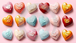 Isolated colorful conversation candies with romantic love, kiss, hug, flirt and hugs messages on vintage heart shape