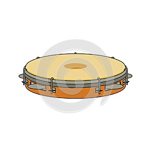 Isolated colorful decorative ornate tambourine, pandeiro on white background. Colored brazilian musical instrument for bateria of photo