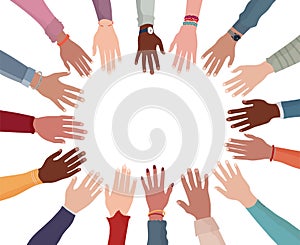 Isolated colorful hands and arms of multicultural people from different nation in circle with copy space. People diversity. Equal