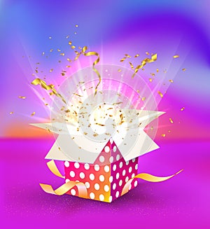 Isolated colorful magic gift box with light effects on bright liquid background. Single giftbox for birthday or winning