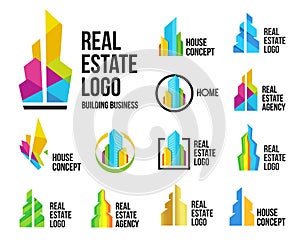 Isolated colorful real estate agency logos set, house logotype collection on white, home concept icons,skyscrapers