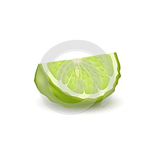 Isolated colorfull green slice of juicy bergamot, kaffir lime with shadow on white background. Realistic wedge citrus fruit.