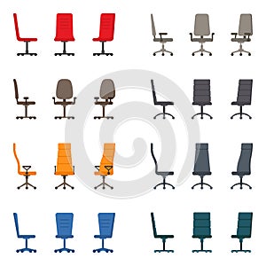 Isolated colour modern spinning rolling office chair vector illustration icon set. Front, side view business seat kit