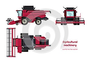 Isolated combine harvester. Side, front and top view of agriculture machinery. Farming vehicle. Industry 3d blueprin