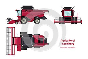 Isolated combine harvester. Side, front and top view of agriculture machinery. Farming vehicle. Industry 3d blueprin photo