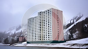 Isolated condo building on the seaside, near the mountain, in a northern country. Living in harsh climate. Generative AI