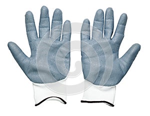 Isolated construction rubberized gloves on a white background. Blue protective gloves for construction and operation with caustic