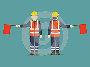 Isolated construction worker holding red flag. Hand signals using flag. Front and back view of a worker.