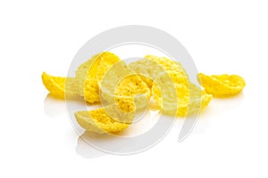 Isolated corn flakes on white. Snack Cereal yellow Healthy Cornflakes - Superfood background. Vegan gluten-free organic