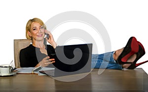 Isolated corporate business portrait of young beautiful and happy woman with blonde hair smiling while working relaxed at office l