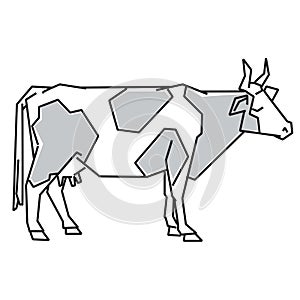 Isolated cow on white background, animal husbandry, handmade illustration.