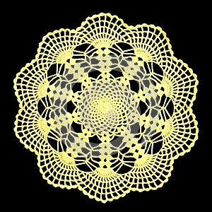 Isolated crocheted bright lime color doily with a pattern of arches on a black background. Round decorative cotton doily