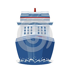 Isolated cruise ship in the sea, front view, flat style illustration.