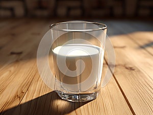 Isolated a cup of milk on the wooden table with blurred background