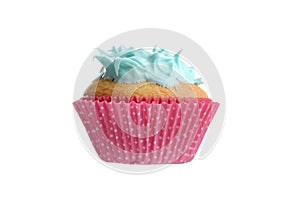 isolated cupcake with blue frosting in pink spotted paper cup