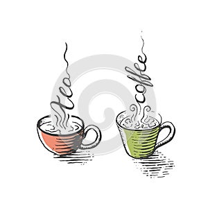 Isolated cups of tea and coffee, hand drawn