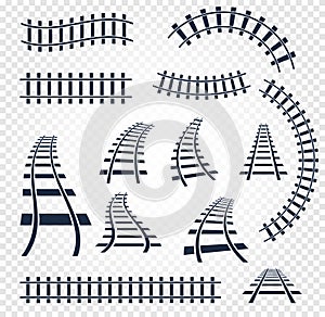 Isolated curvy and straight rails set, railway top view collection, ladder elements vector illustrations on white