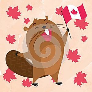 Isolated cute beaver holding a flag of Canada Happy Canada day Vector