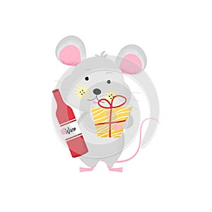 Isolated cute cartoon Mouse with gift