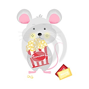 Isolated cute cartoon Mouse with popcorn bucket
