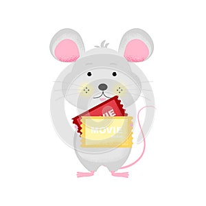 Isolated cartoon Mouse with ticket going to cinema